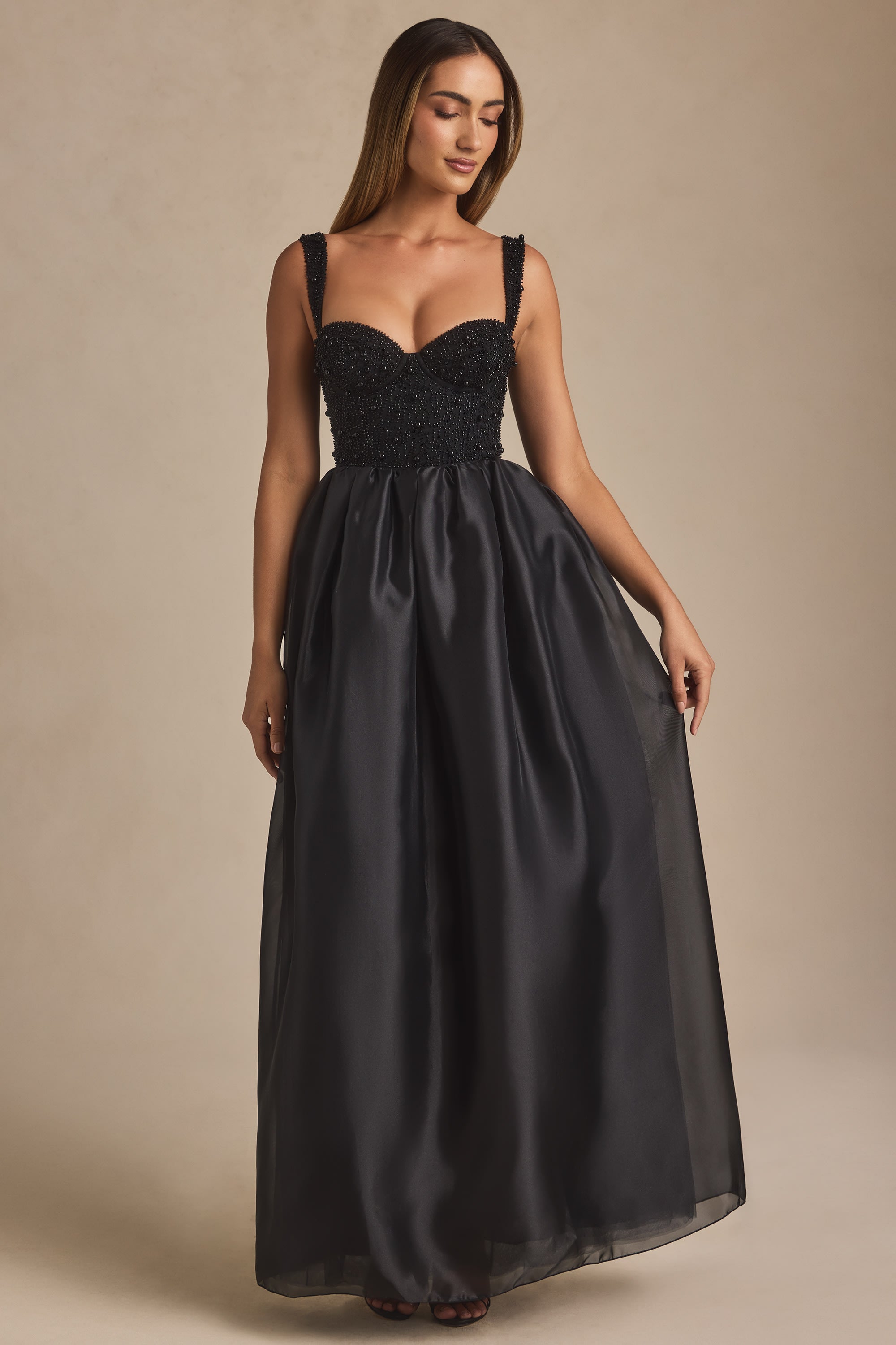 Robe Maxi Delancey Noir – Corset et Ornement Perlé