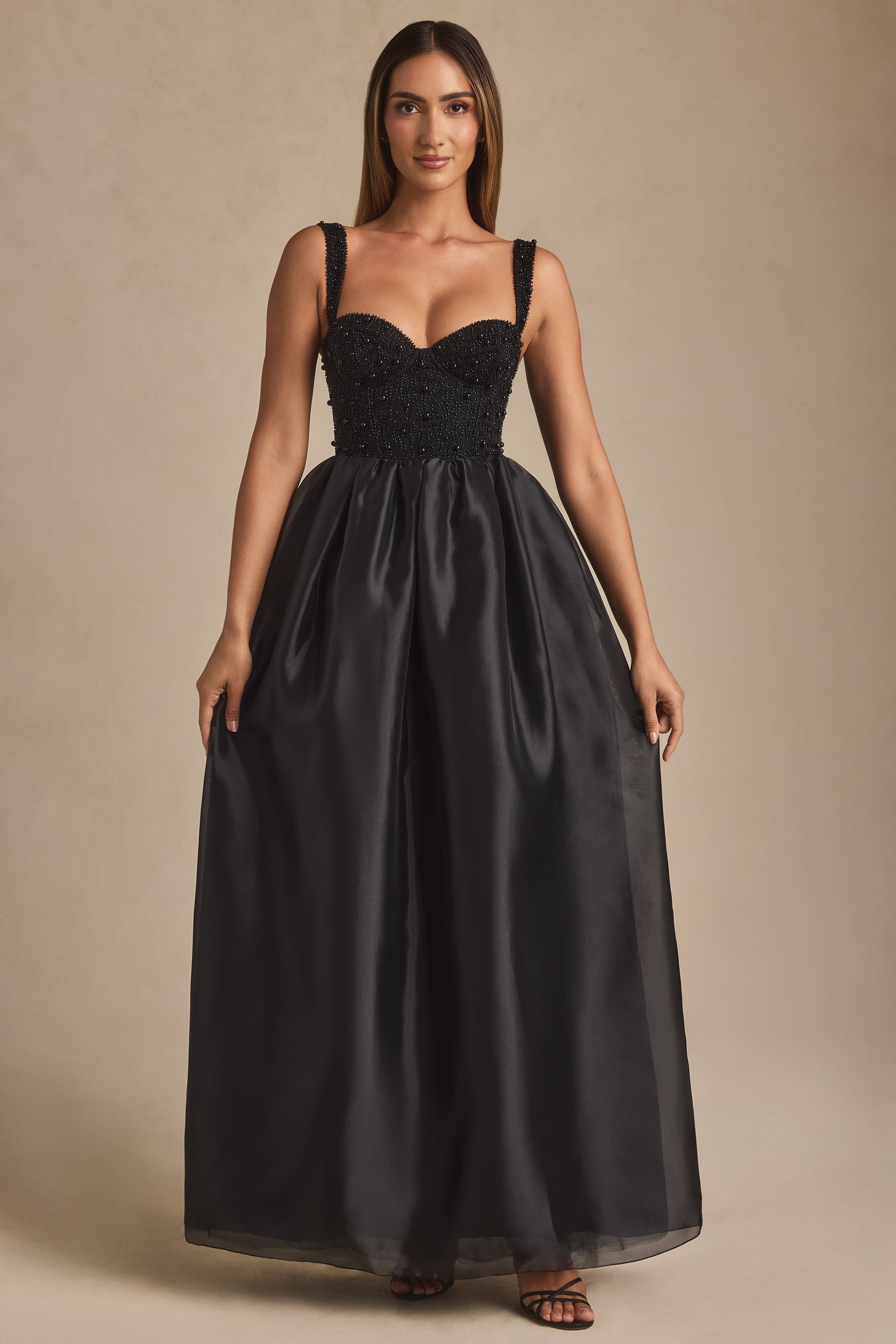 Robe Maxi Delancey Noir – Corset et Ornement Perlé