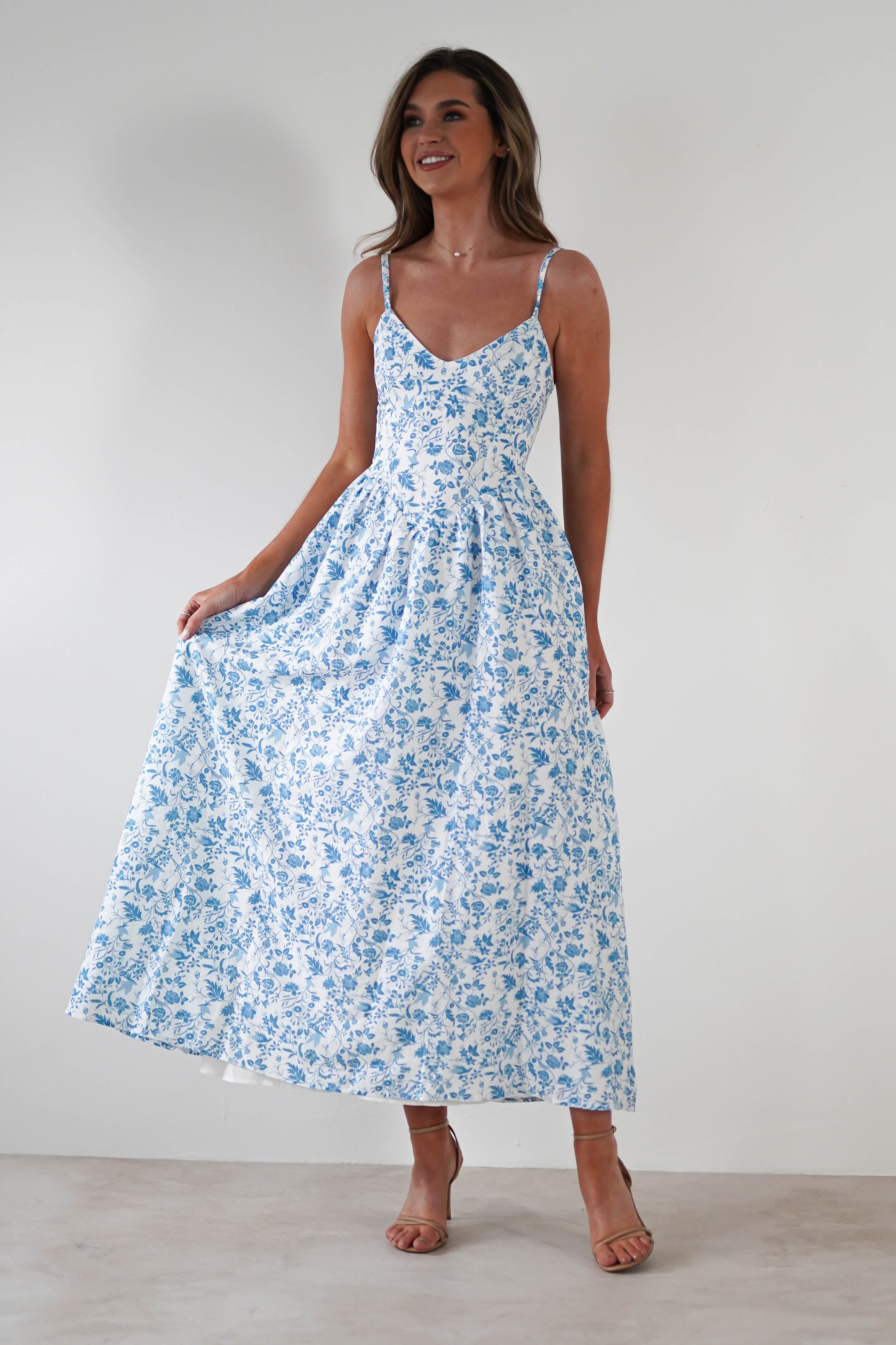 Robe Longue Fleurie Carolyn Robe Maxi Bleue et Blanch