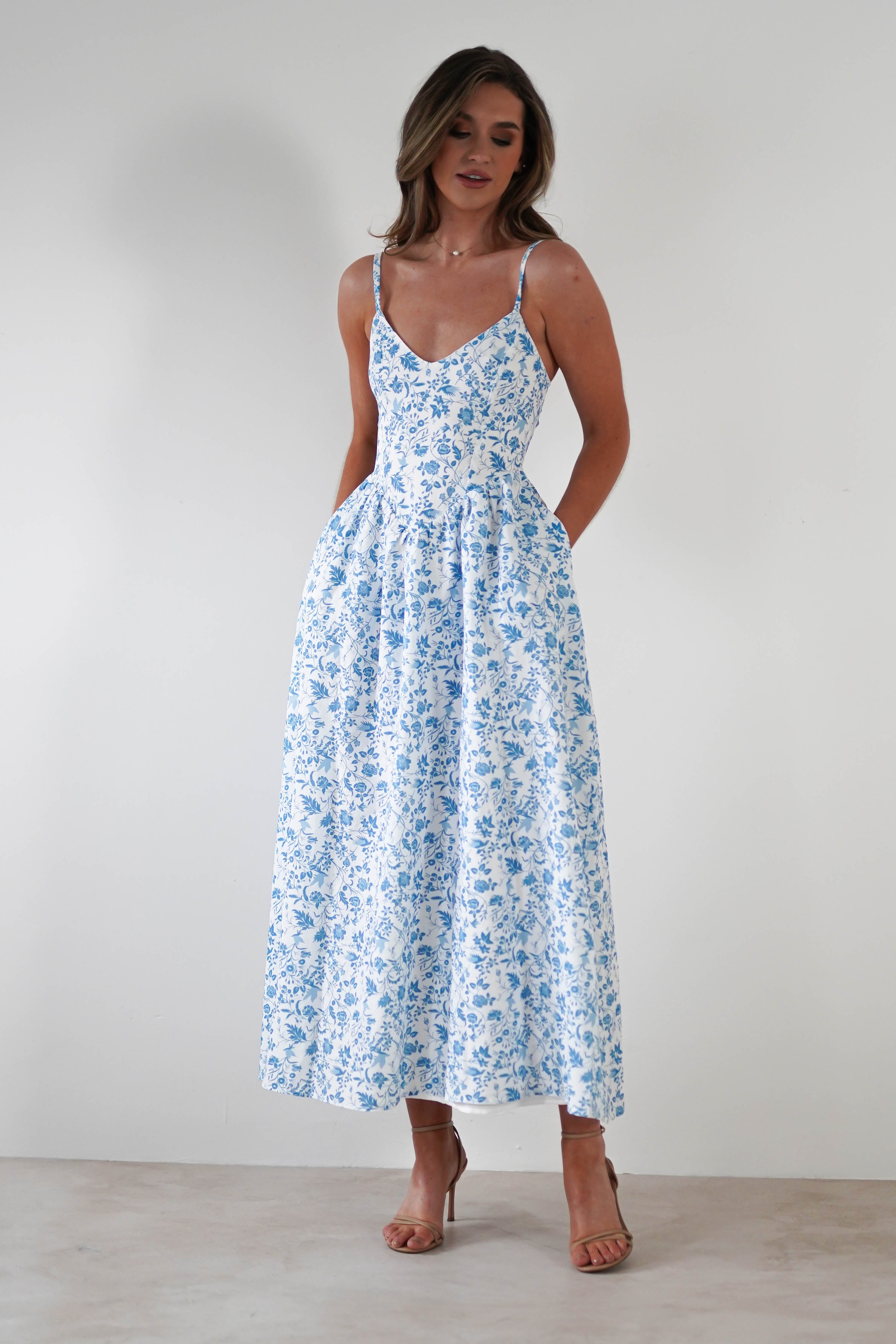 Robe Longue Fleurie Carolyn Robe Maxi Bleue et Blanch