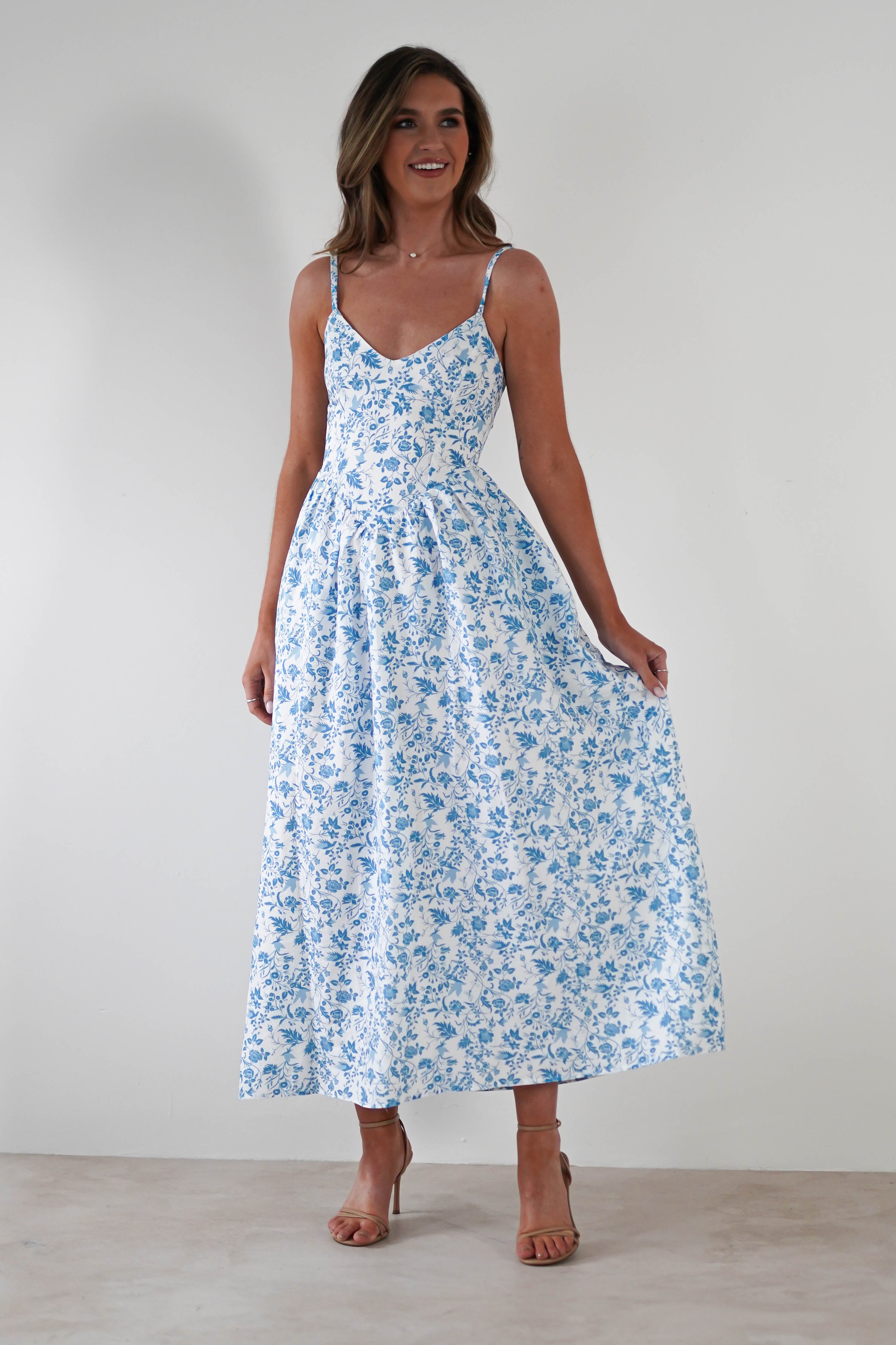 Robe Longue Fleurie Carolyn Robe Maxi Bleue et Blanch