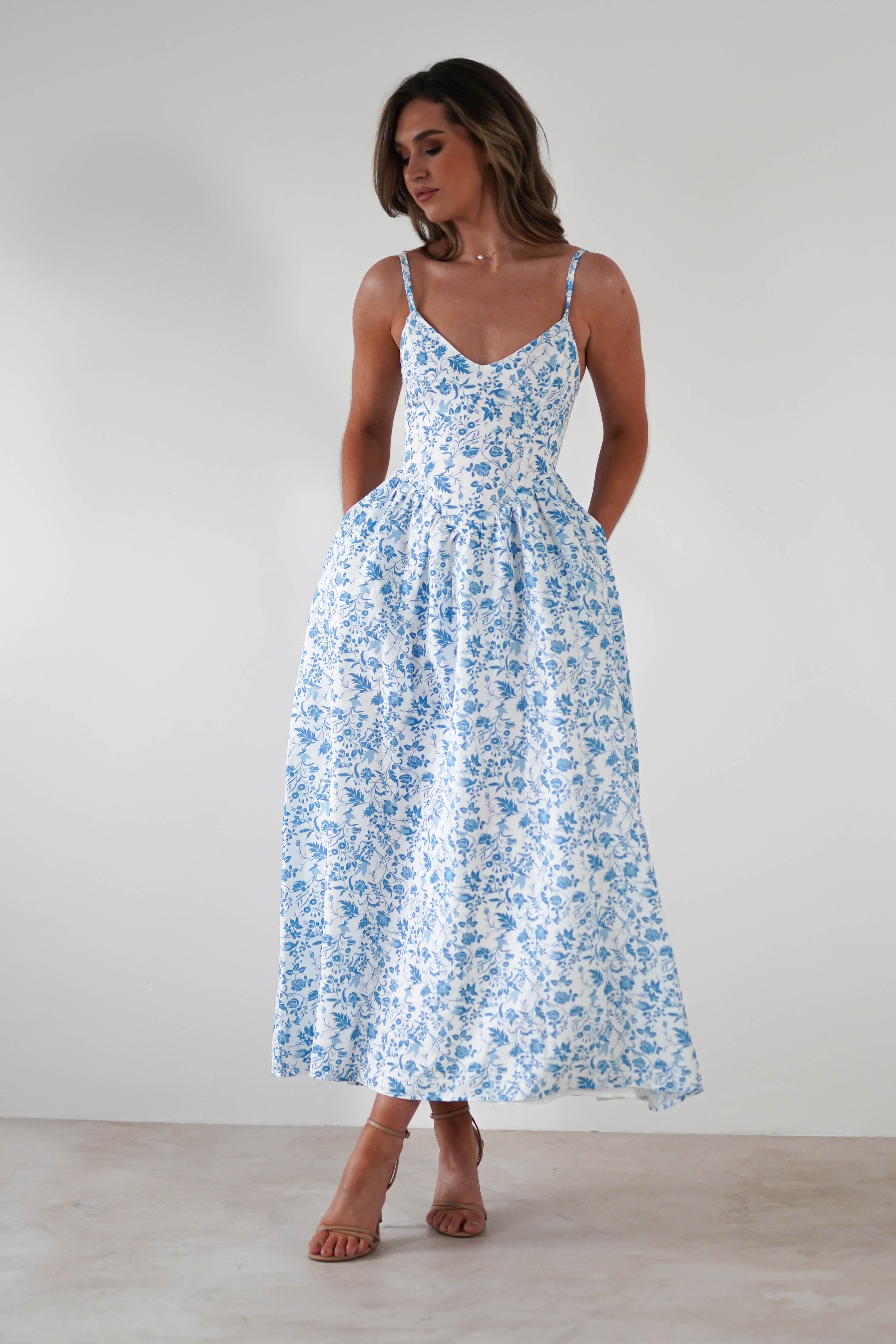 Robe Longue Fleurie Carolyn Robe Maxi Bleue et Blanch