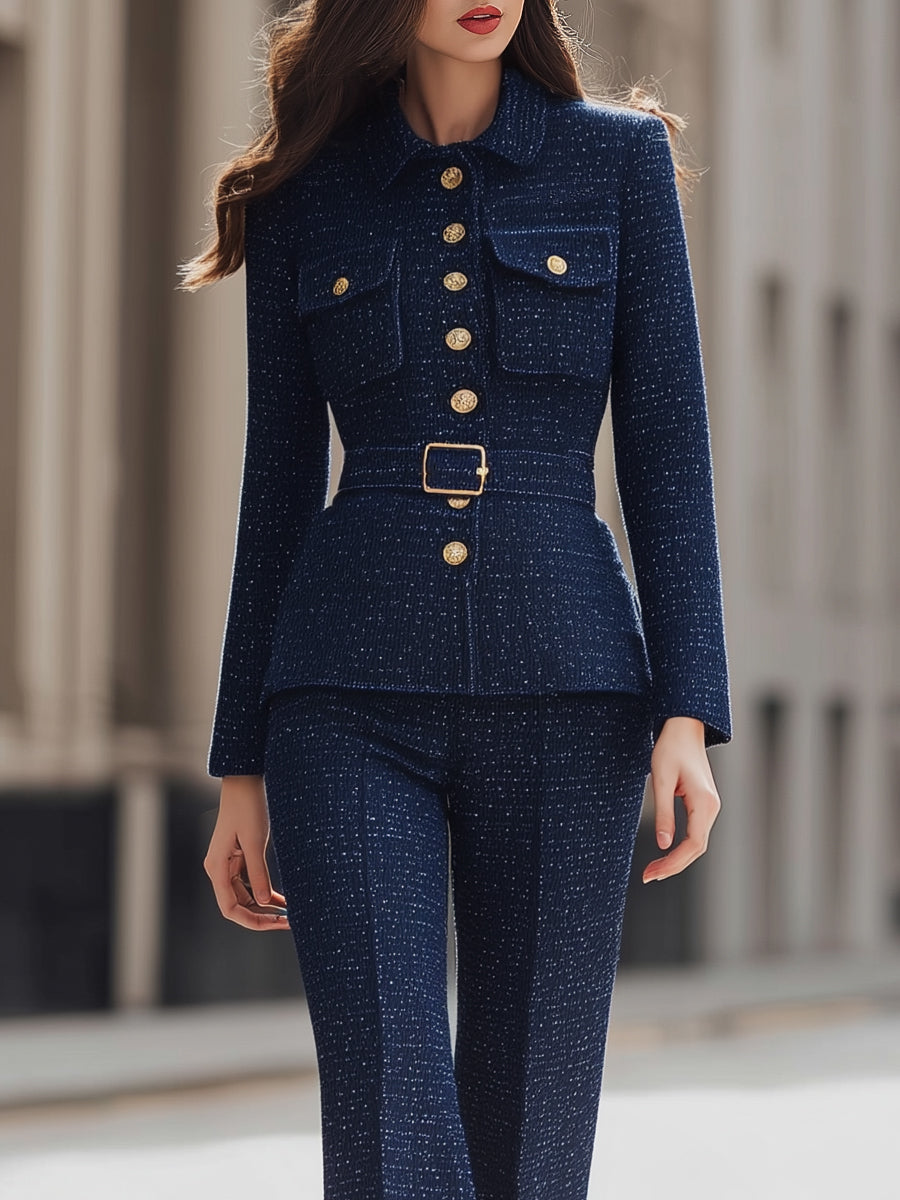 Tweed Belted Blazer And Pants Set With Gold Buttons MollyBoo