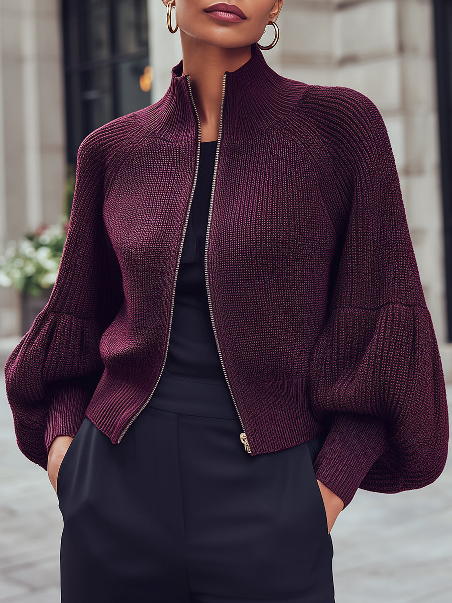 Knitted Zipper Jacket With Balloon Sleeves MollyBoo