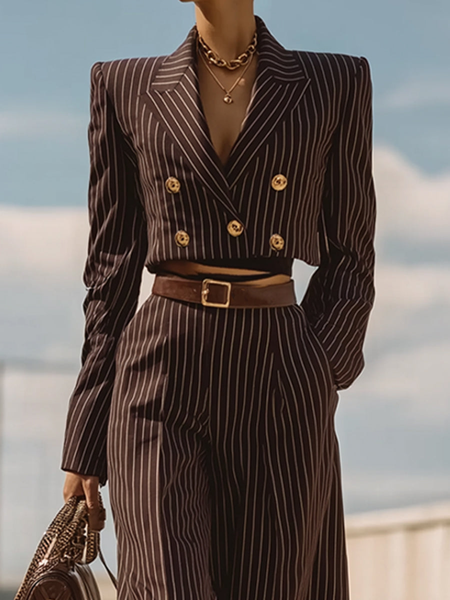 Mooyius Brown Pinstripe Cropped Blazer Suit Set MollyBoo