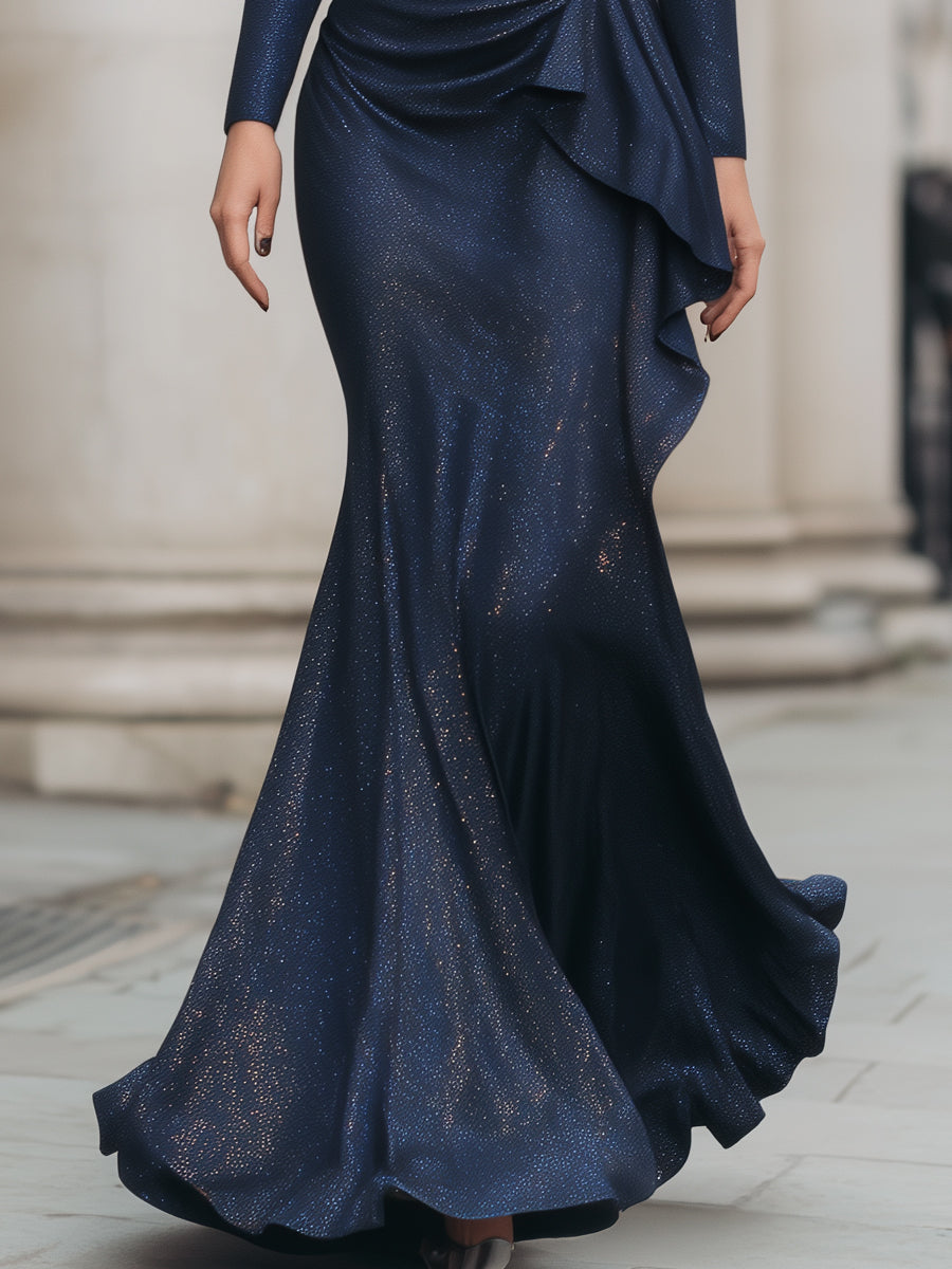 Shimmer Midnight Elegance Draped Mermaid Gown MollyBoo