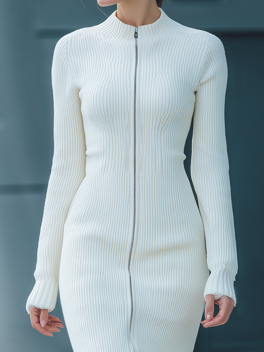Mooyius White Ribbed Knit Zip Midi Dress MollyBoo