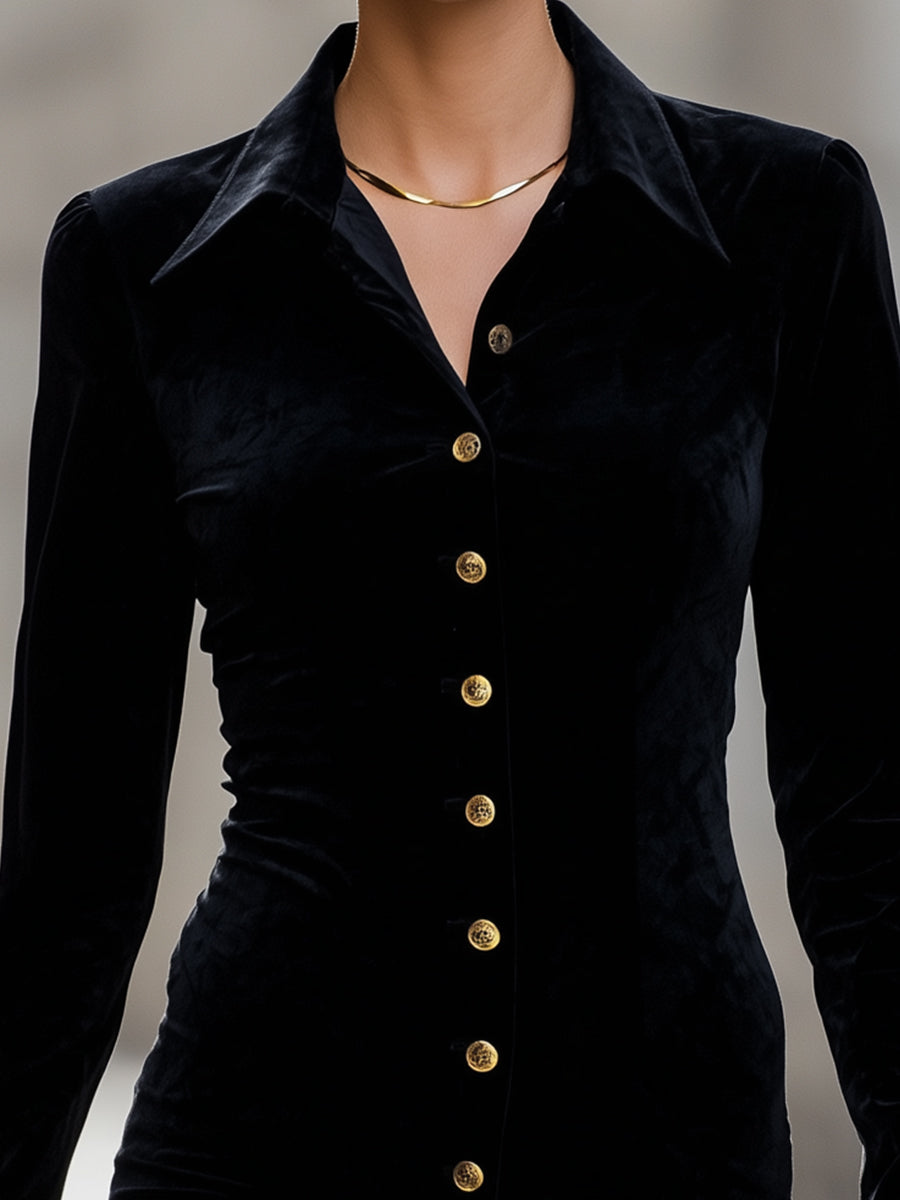 Velvet Gold-Button Shirt Dress MollyBoo