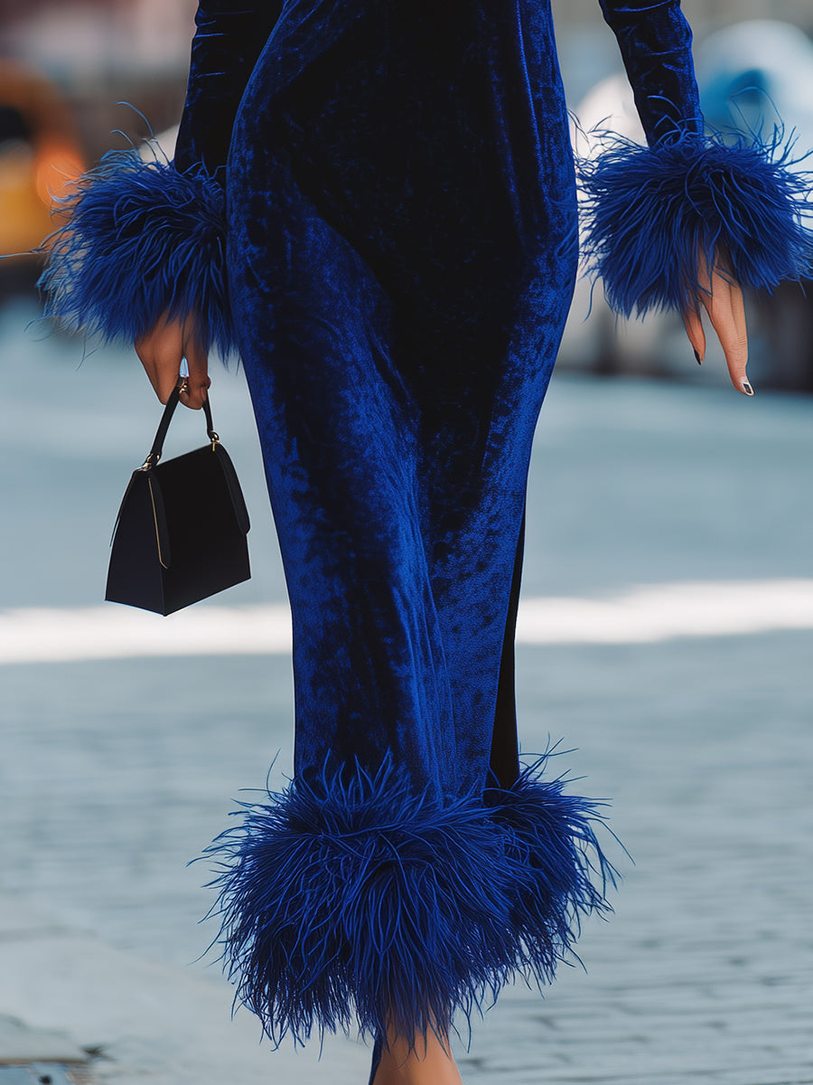 Glamorous Royal Blue Velvet Dress With Feather Trims MollyBoo