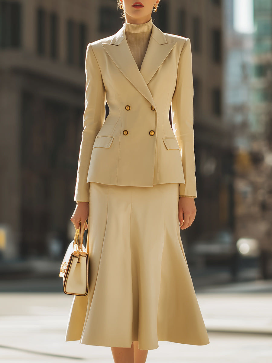 Elegant Beige Double - Breasted Blazer And Midi Skirt Set MollyBoo