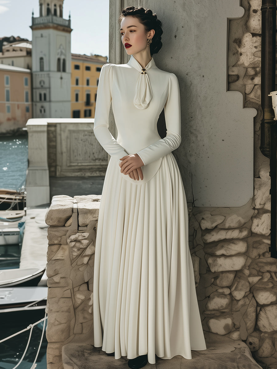 Elegant Plain Maxi Dress With Scarf-Tie Collar MollyBoo