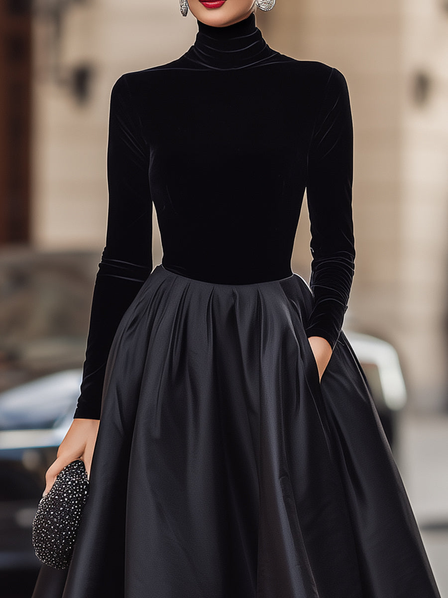 Elegant Black Velvet And Satin Midi Dress MollyBoo