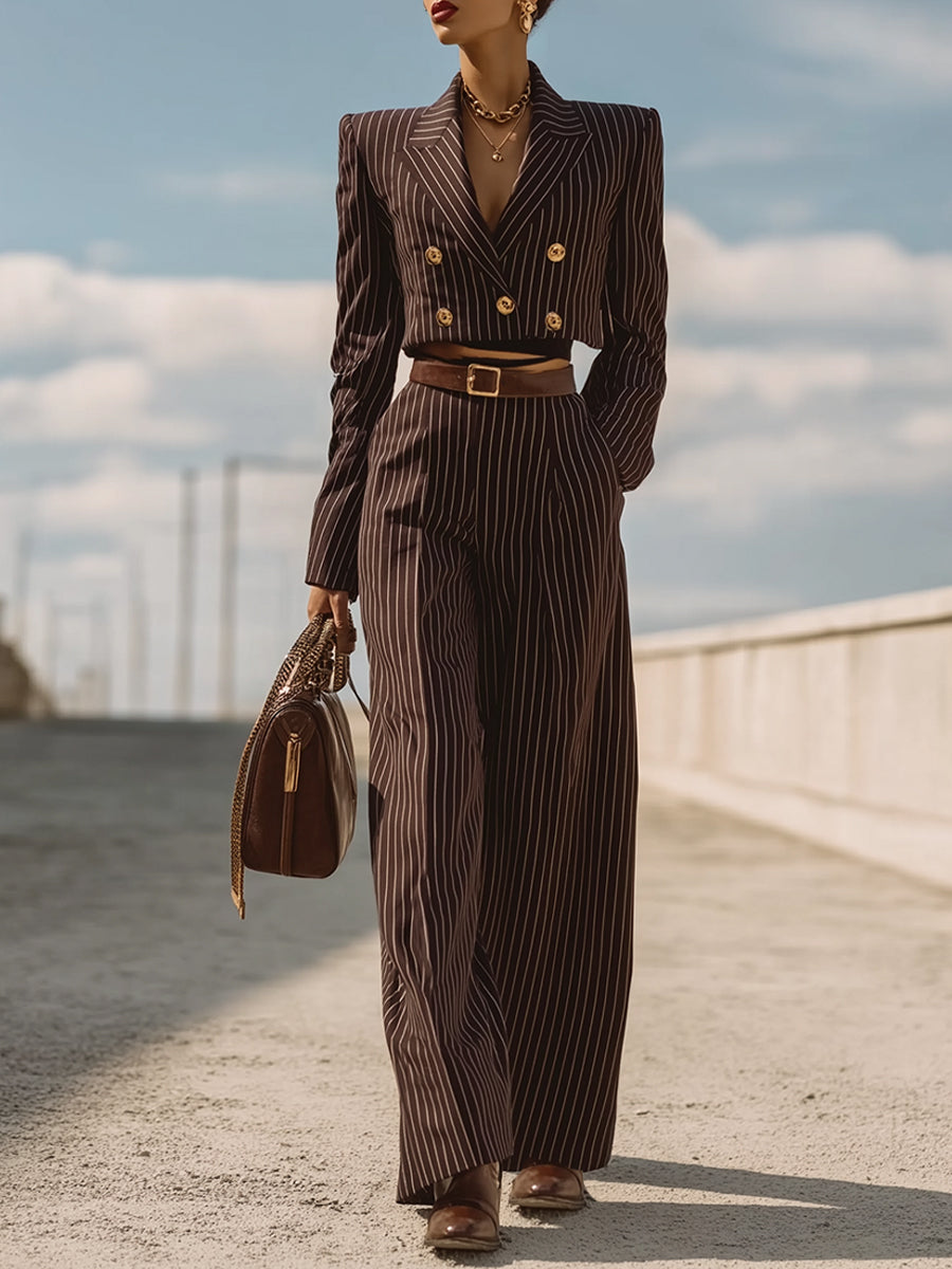 Mooyius Brown Pinstripe Cropped Blazer Suit Set MollyBoo