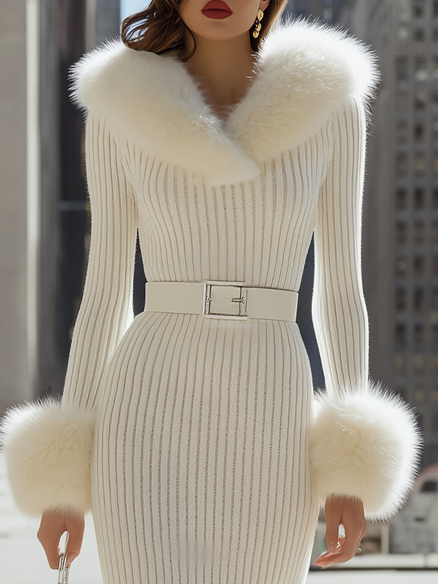 Luxurious White Faux Fur - Trimmed Ribbed Knit Midi Dress MollyBoo