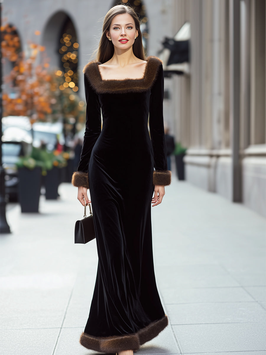 Luxurious Black Velvet Gown With Faux Fur Trim MollyBoo