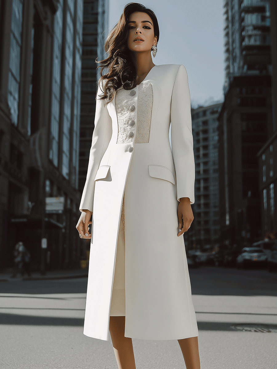 Ivory Longline Coat With Textured Contrast Panel And Silver Buttons MollyBoo