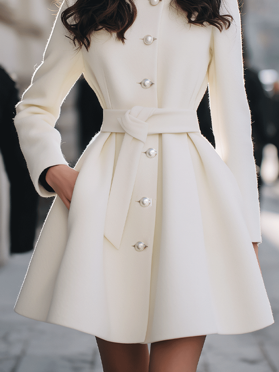 Ivory Short Coat With Pearl Button Detailing And Waist Tie MollyBoo