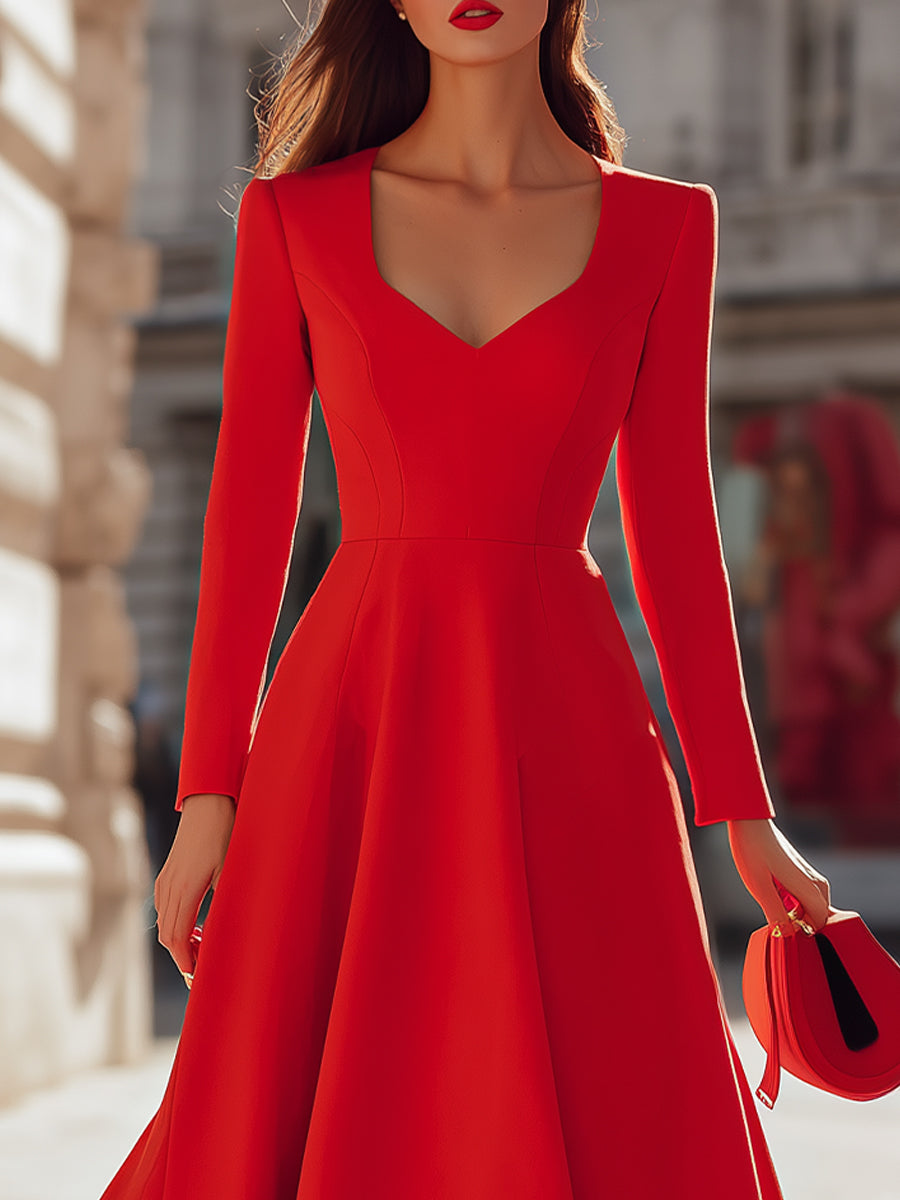 Elegant Red V - Neck Midi Fit - And - Flare Dress MollyBoo