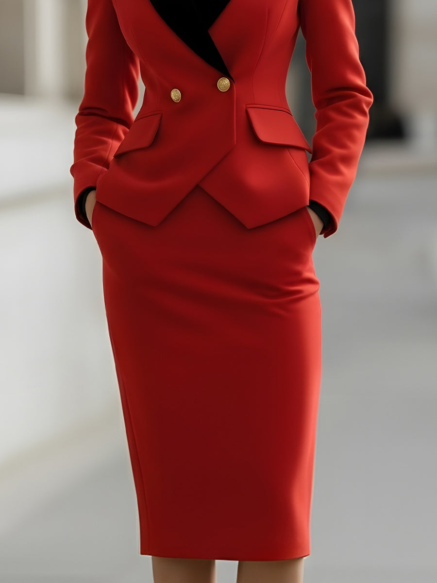 Elegant Tailored Blazer And Skirt Suit Set With Contrast Lapel MollyBoo