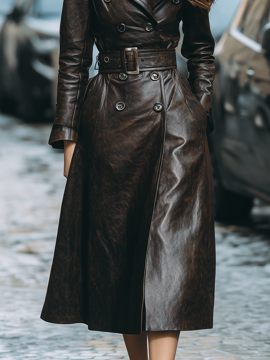 Dark Brown Belted Faux Leather Trench Coat With Shearling Collar MollyBoo