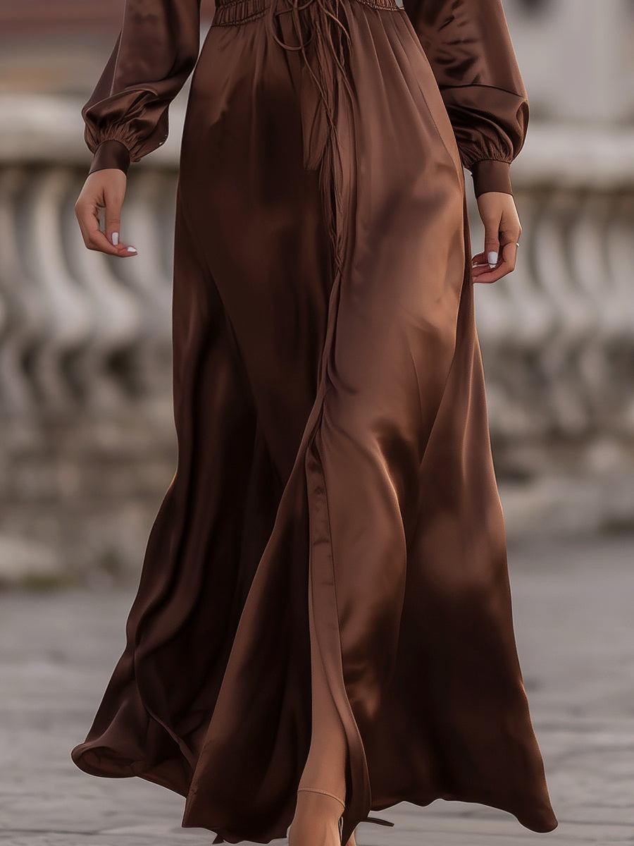 Mooyius Satin Cinched Waist Maxi Dress In Mocha Brown MollyBoo