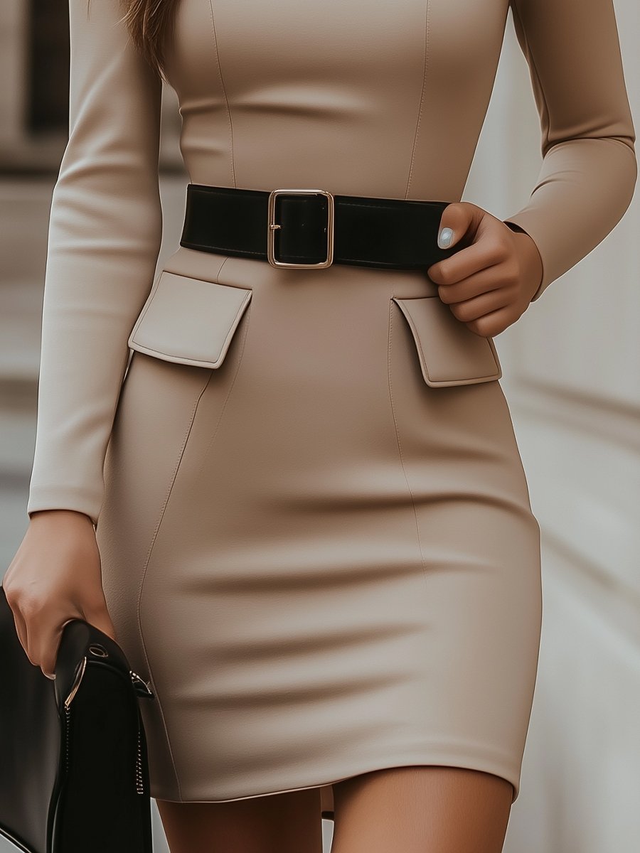 Beige Turtleneck Bodycon Dress with Black Belt Accent MollyBoo