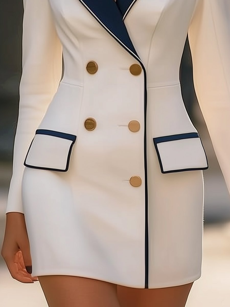 White Double-Breasted Blazer Dress with Navy Lapel MollyBoo