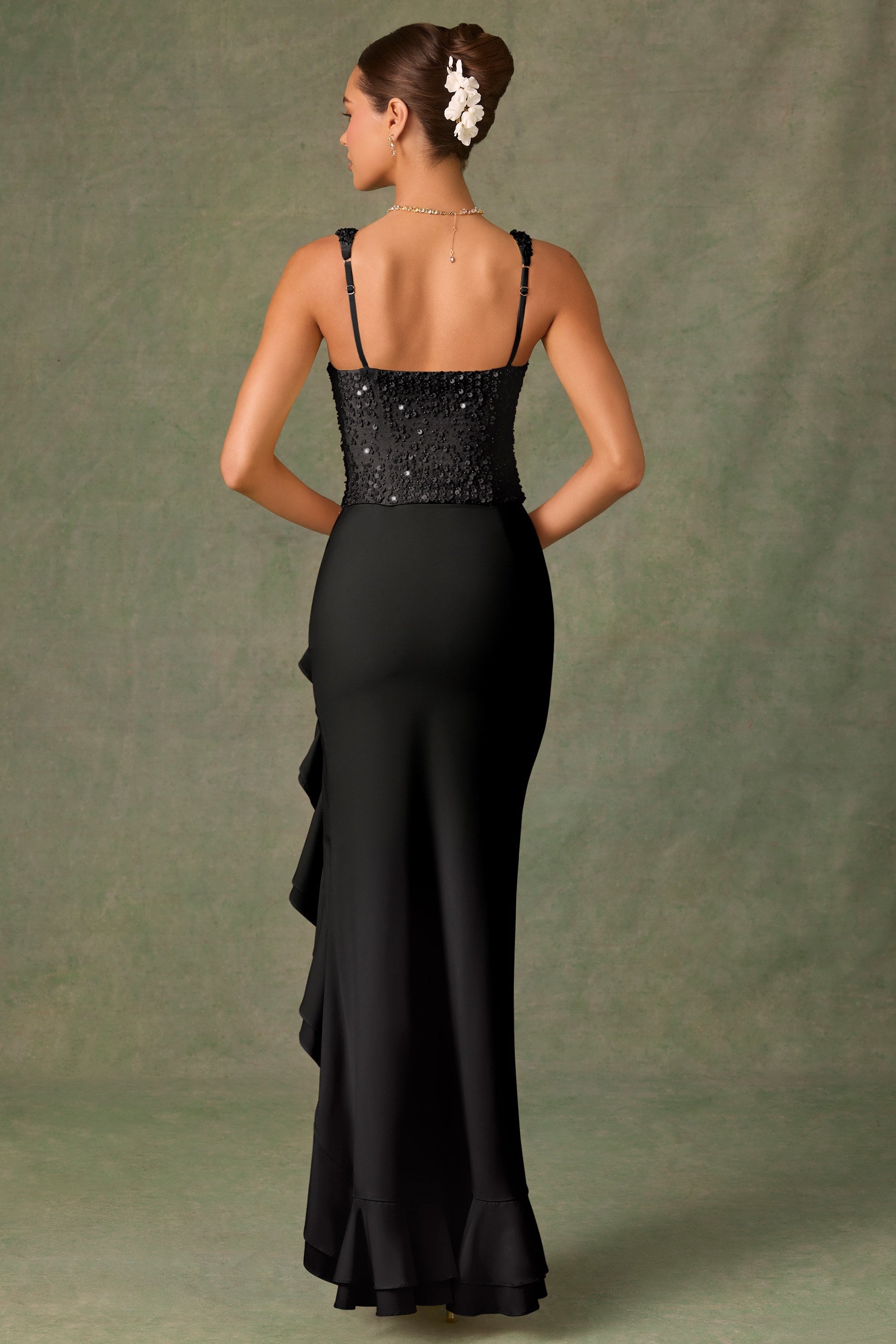 Robe Maxi Robina Noir – Corset Orné et Volants Élégants