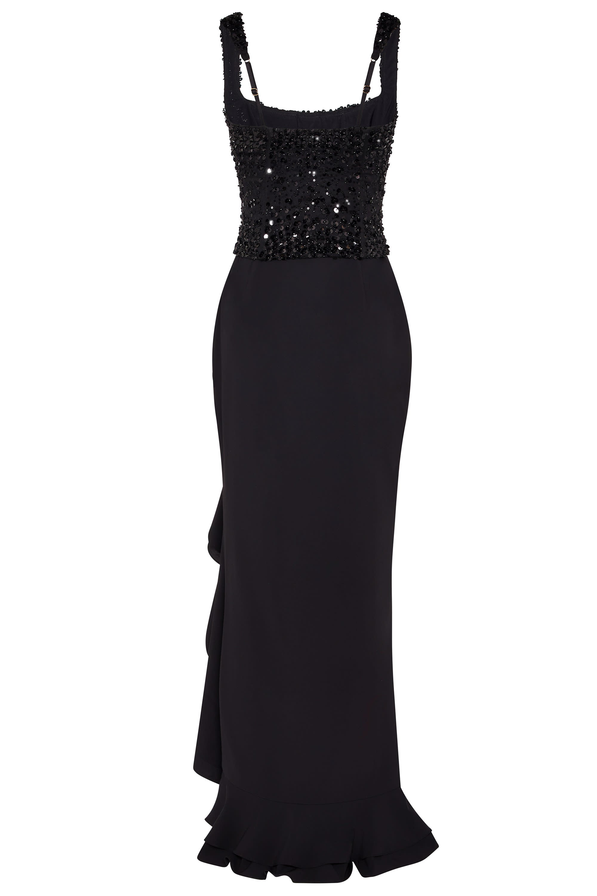 Robe Maxi Robina Noir – Corset Orné et Volants Élégants